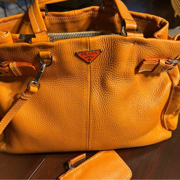 Prada Handbags - Prada Vibrant Orange Pebbled Leather Shoulder Bag